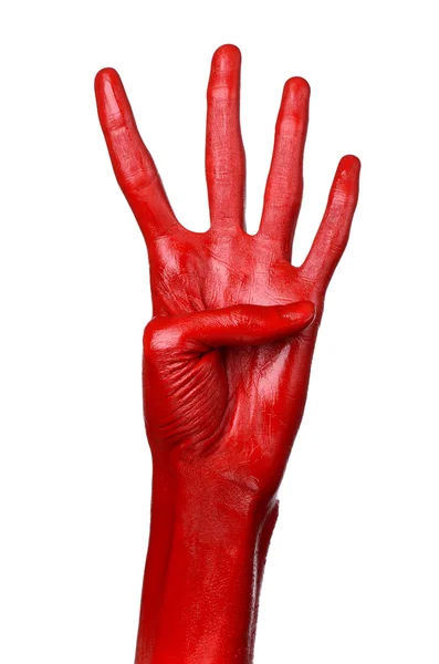 Mão vermelha sobre fundo branco, isolado, pintura — Fotografia de Stock