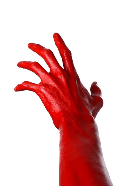 Mano roja sobre fondo blanco, aislada, pintura — Foto de Stock