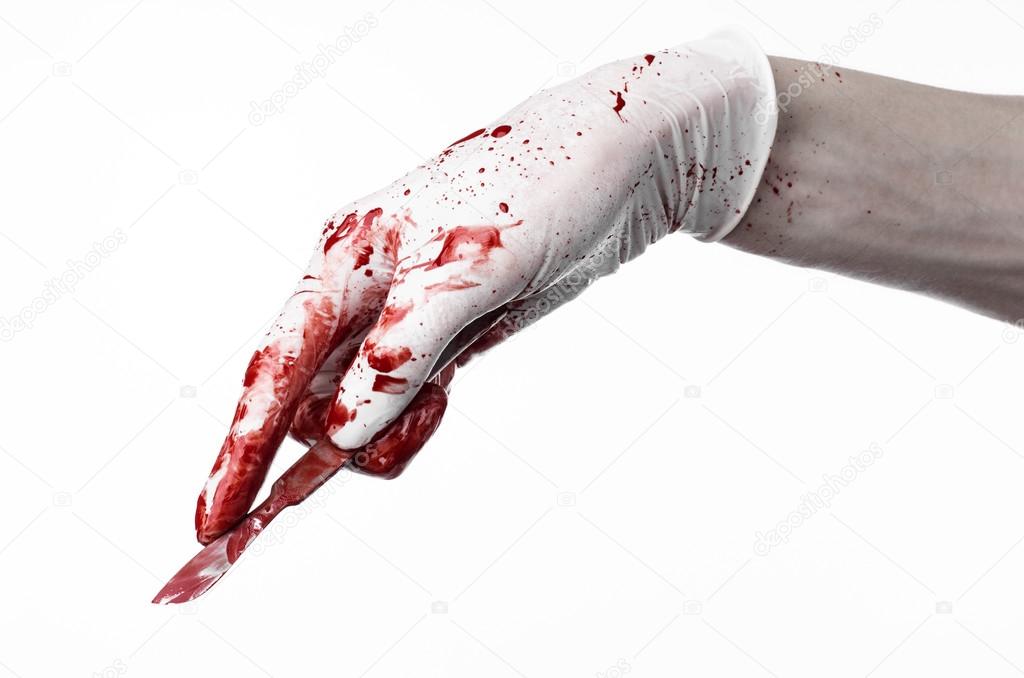 Bloody hands in gloves with the scalpel, white background, isolated, doctor, killer, maniac