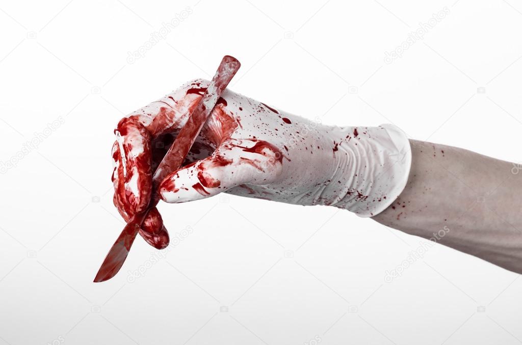 Bloody hands in gloves with the scalpel, white background, isolated, doctor, killer, maniac