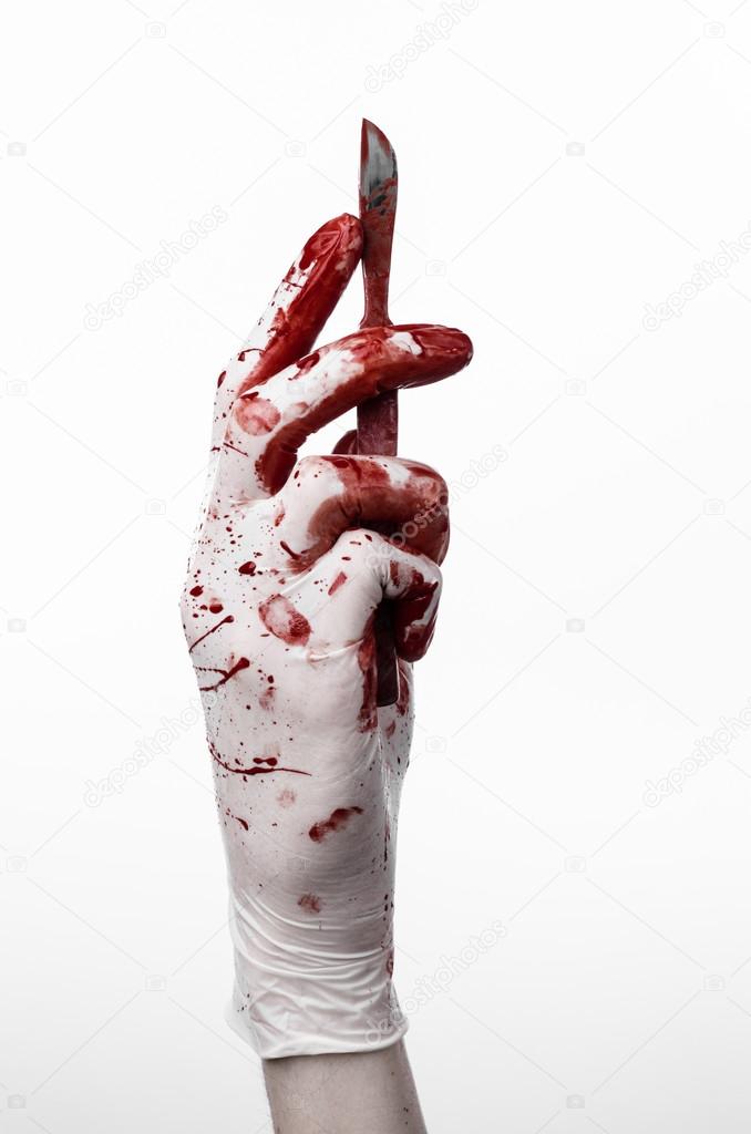 Bloody hands in gloves with the scalpel, white background, isolated, doctor, killer, maniac