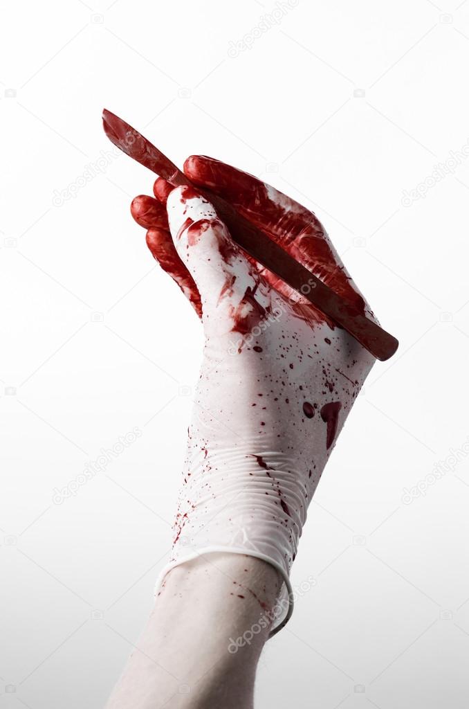 Bloody hands in gloves with the scalpel, white background, isolated, doctor, killer, maniac