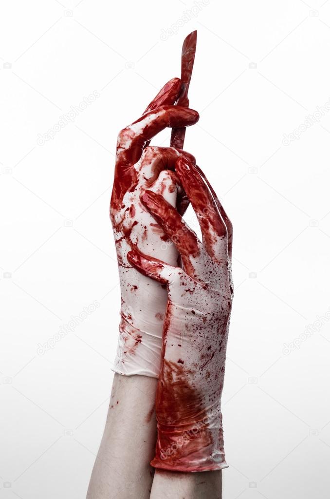 Bloody hands in gloves with the scalpel, white background, isolated, doctor, killer, maniac