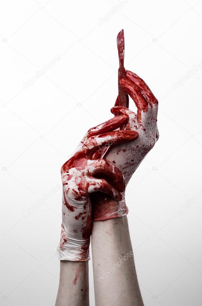 Bloody hands in gloves with the scalpel, white background, isolated, doctor, killer, maniac