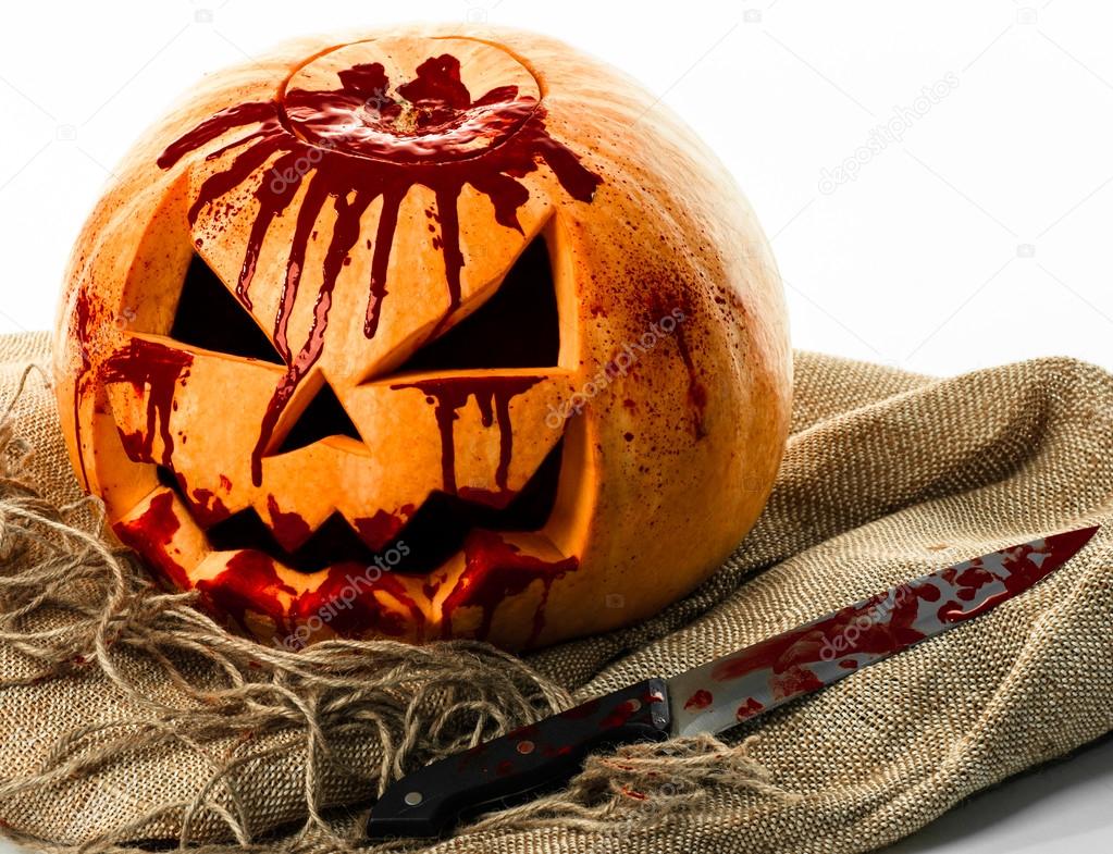 Bloody pumpkin, jack lantern, pumpkin halloween, halloween theme, pumpkin killer, bloody knife, bag, rope, white background, isolated