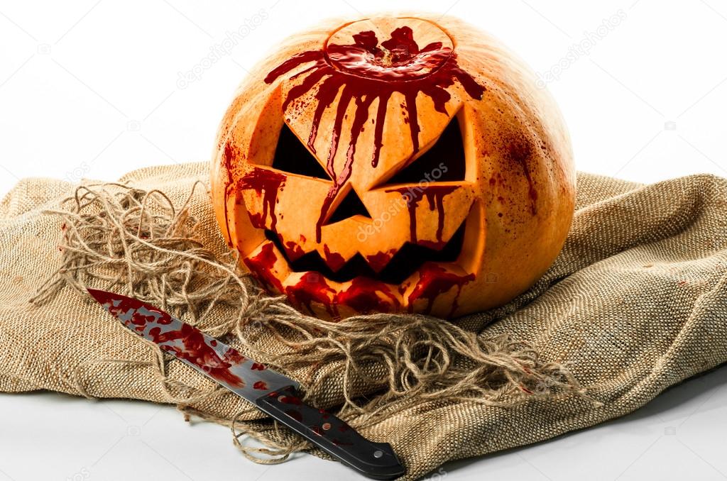 Bloody pumpkin, jack lantern, pumpkin halloween, halloween theme, pumpkin killer, bloody knife, bag, rope, white background, isolated