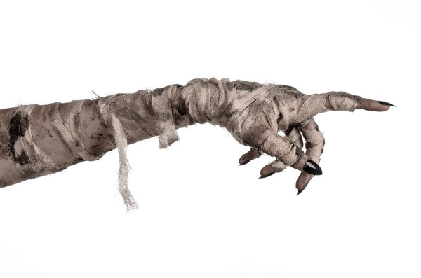 Хэллоуин тема: ужасные старые руки мумии на белом фоне
