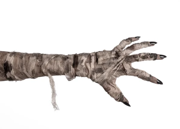 Halloween téma: szörnyű régi múmia kezek-ra egy fehér háttér — Stock Fotó
