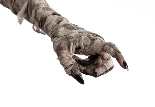 Halloween theme: terrible old mummy hands on a white background — Stock Photo, Image