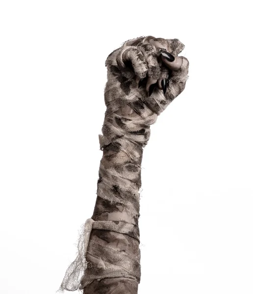 Halloween theme: terrible old mummy hands on a white background — Stock Photo, Image