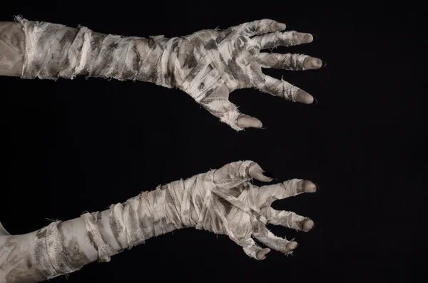 Halloween theme: terrible old mummy hands on a black background — Stock Photo, Image