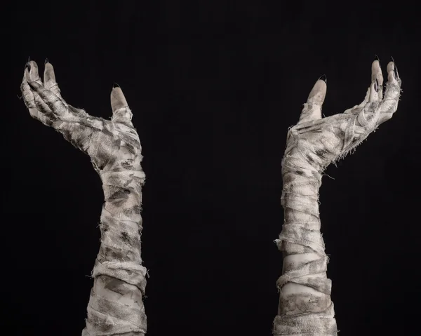 Halloween theme: terrible old mummy hands on a black background — Stock Photo, Image