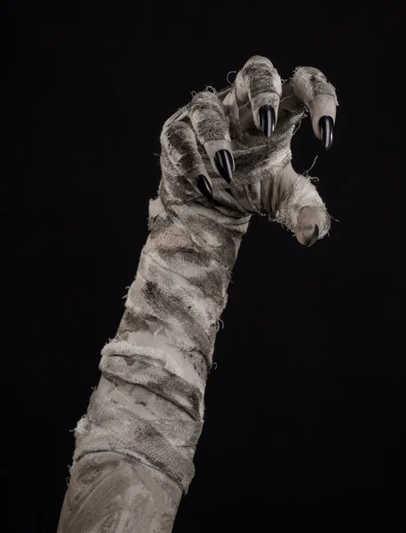 Halloween theme: terrible old mummy hands on a black background — Stock Photo, Image