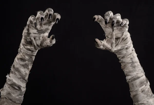 Tema de Halloween: terríveis mãos velhas múmias em um fundo preto — Fotografia de Stock