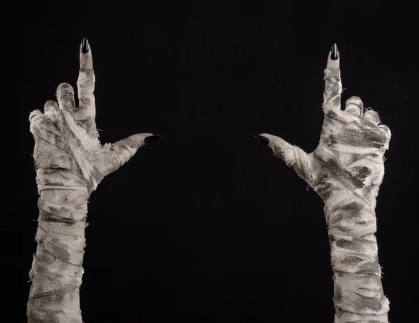 Halloween theme: terrible old mummy hands on a black background — Stock Photo, Image