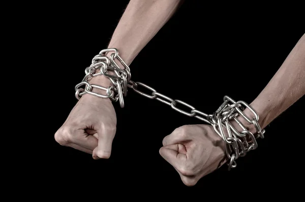 Hands tied chain, kidnapping, dependence, loneliness, social problem, halloween theme, killer, crazy, freedom black background — Stock Photo, Image