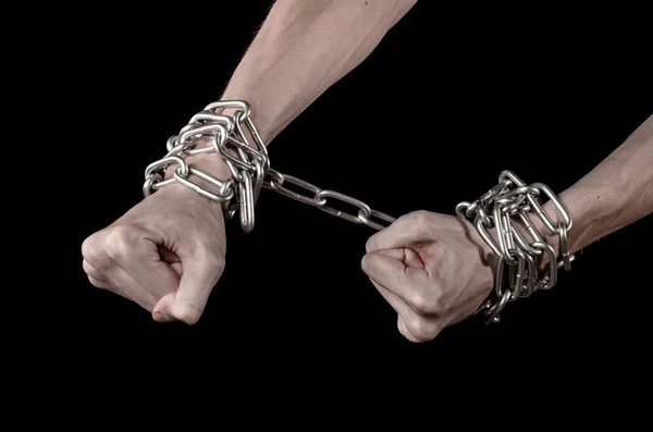 Hands tied chain, kidnapping, dependence, loneliness, social problem, halloween theme, killer, crazy, freedom black background — Stock Photo, Image