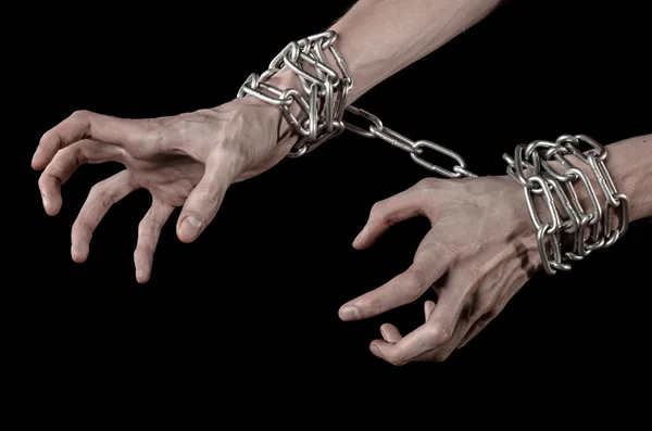 Hands tied chain, kidnapping, dependence, loneliness, social problem, halloween theme, killer, crazy, freedom black background — Stock Photo, Image