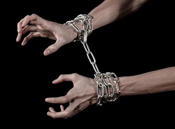 Hands tied chain, kidnapping, dependence, loneliness, social problem, halloween theme, killer, crazy, freedom black background — Stock Photo, Image