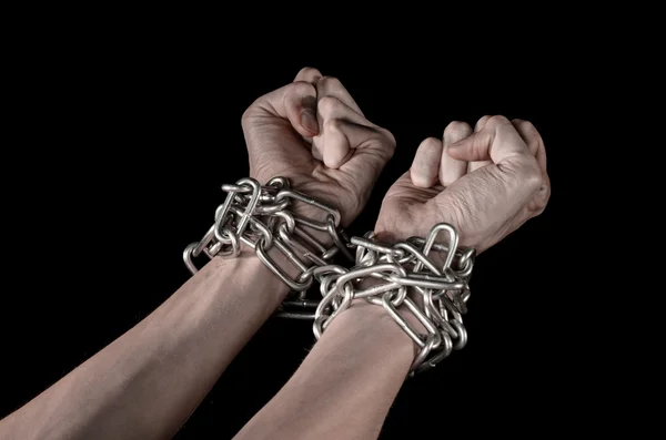 Hands tied chain, kidnapping, dependence, loneliness, social problem, halloween theme, killer, crazy, freedom black background — Stock Photo, Image