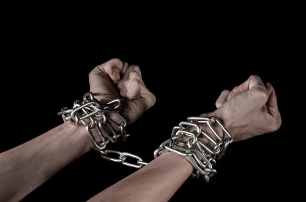 Hands tied chain, kidnapping, dependence, loneliness, social problem, halloween theme, killer, crazy, freedom black background — Stock Photo, Image