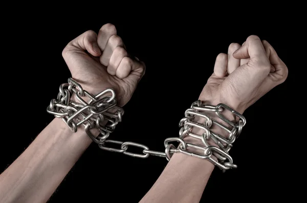 Hands tied chain, kidnapping, dependence, loneliness, social problem, halloween theme, killer, crazy, freedom black background — Stock Photo, Image