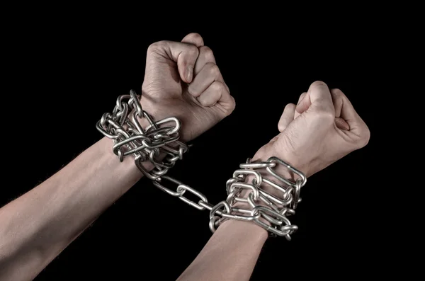 Hands tied chain, kidnapping, dependence, loneliness, social problem, halloween theme, killer, crazy, freedom black background — Stock Photo, Image