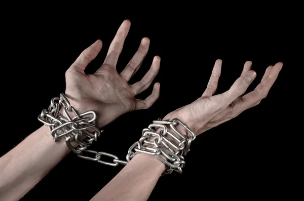 Hands tied chain, kidnapping, dependence, loneliness, social problem, halloween theme, killer, crazy, freedom black background — Stock Photo, Image