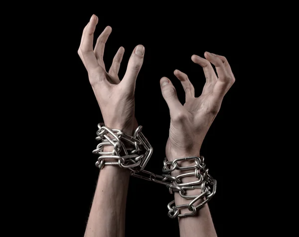 Hands tied chain, kidnapping, dependence, loneliness, social problem, halloween theme, killer, crazy, freedom black background — Stock Photo, Image