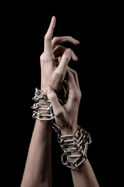 Hands tied chain, kidnapping, dependence, loneliness, social problem, halloween theme, killer, crazy, freedom black background — Stock Photo, Image