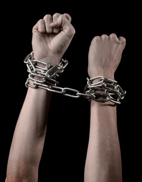 Hands tied chain, kidnapping, dependence, loneliness, social problem, halloween theme, killer, crazy, freedom black background — Stock Photo, Image