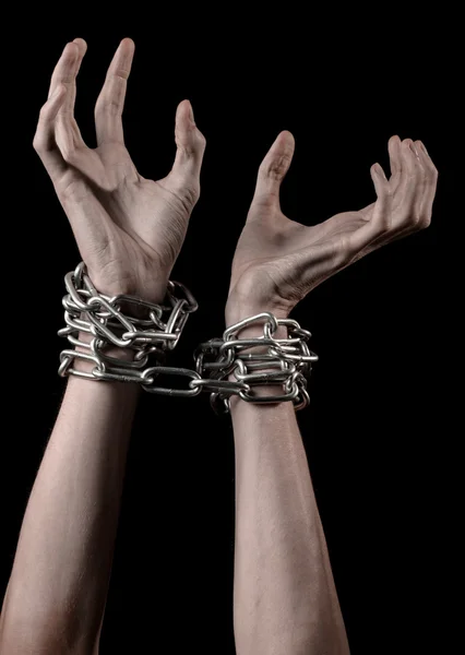 Hands tied chain, kidnapping, dependence, loneliness, social problem, halloween theme, killer, crazy, freedom black background — Stock Photo, Image