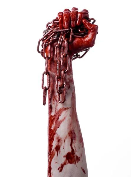 Bloody hand holding chain, bloody chain, halloween theme, white background, isolated, killer, fan, crazy — Stock Photo, Image