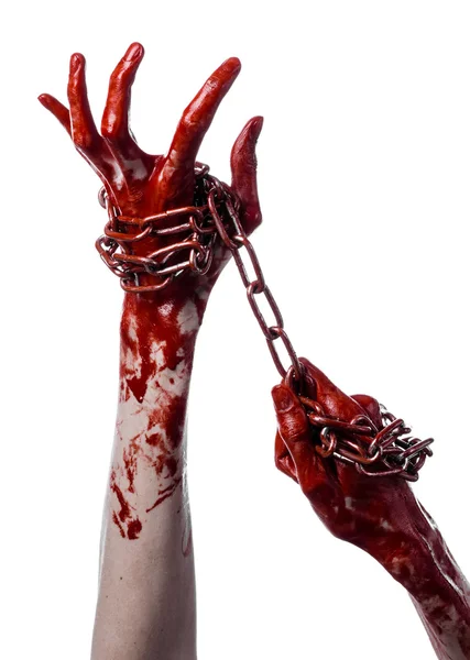 Кровавая рука держит цепь, кровавая цепь, Хэллоуин тема, белый фон, изолированные, убийца, вентилятор, сумасшедший — стоковое фото