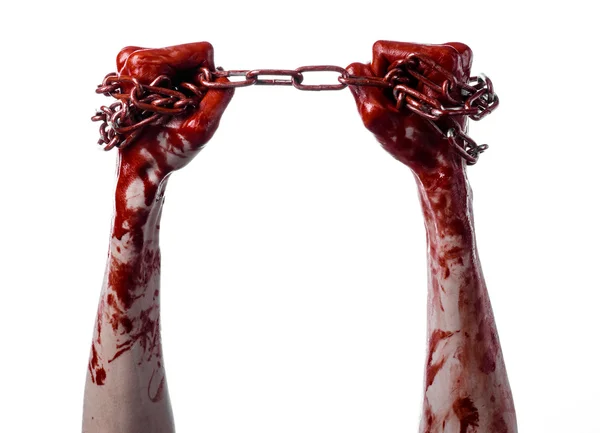 Bloody hand holding chain, bloody chain, halloween theme, white background, isolated, killer, fan, crazy — Stock Photo, Image