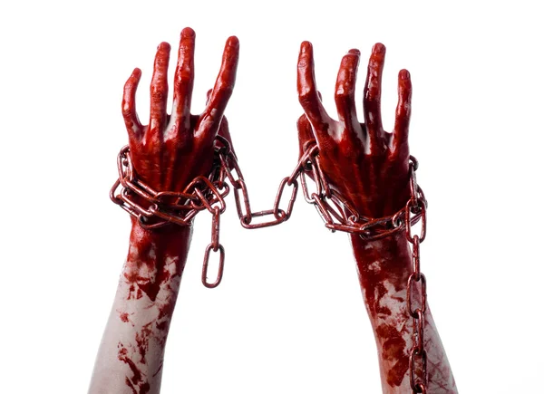 Bloody hand holding chain, bloody chain, halloween theme, white background, isolated, killer, fan, crazy — Stock Photo, Image