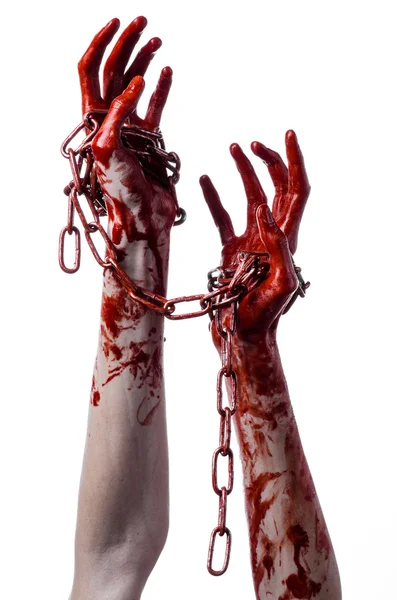 Blodiga hand som håller kedjan, blodiga kedja, halloween-tema, vit bakgrund, isolerad, mördare, fläkt, crazy — Stockfoto