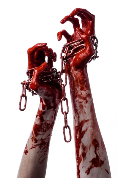 Bloody hand holding chain, bloody chain, halloween theme, white background, isolated, killer, fan, crazy — Stock Photo, Image