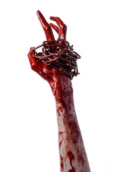 Sangrienta cadena de mano, cadena sangrienta, tema de Halloween, fondo blanco, aislado, asesino, ventilador, loco —  Fotos de Stock