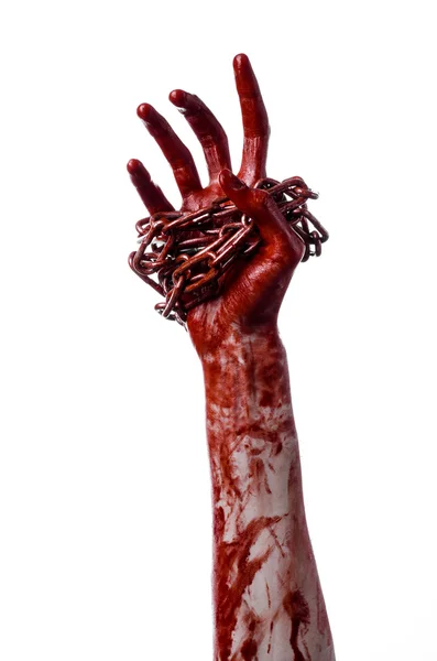 Blutige Hand haltende Kette, blutige Kette, Halloween-Thema, weißer Hintergrund, isoliert, Killer, Fan, verrückt — Stockfoto