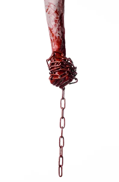 Bloody hand holding chain, bloody chain, halloween theme, white background, isolated, killer, fan, crazy — Stock Photo, Image