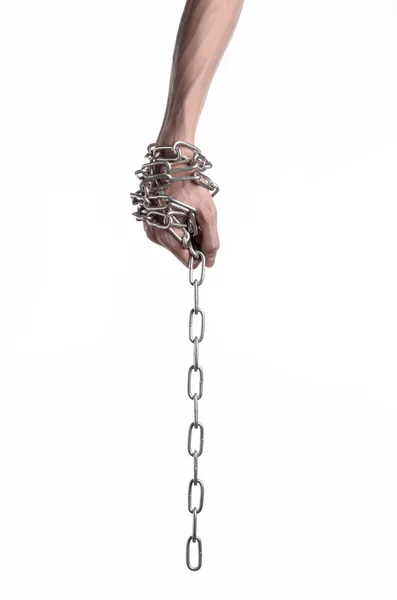 Social theme: hands tied a metal chain on a white background — Stock Photo, Image