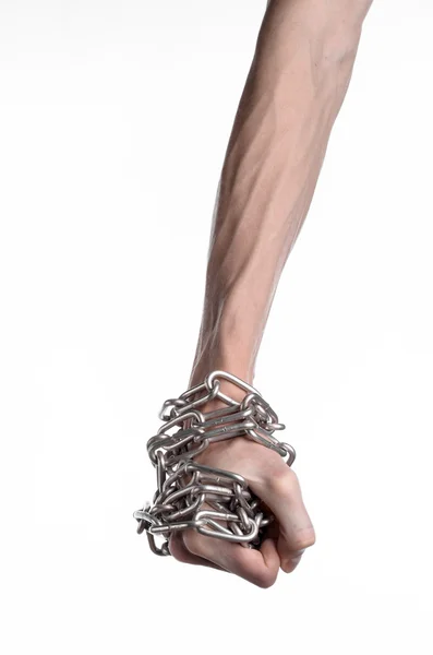 Social theme: hands tied a metal chain on a white background — Stock Photo, Image