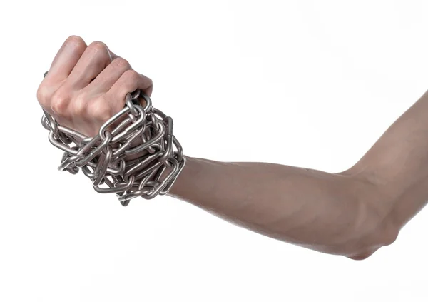 Social theme: hands tied a metal chain on a white background — Stock Photo, Image