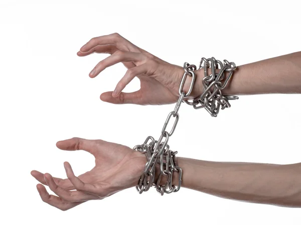 Social theme: hands tied a metal chain on a white background — Stock Photo, Image