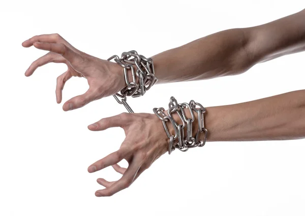 Social theme: hands tied a metal chain on a white background — Stock Photo, Image