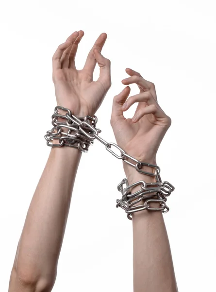 Social theme: hands tied a metal chain on a white background — Stock Photo, Image