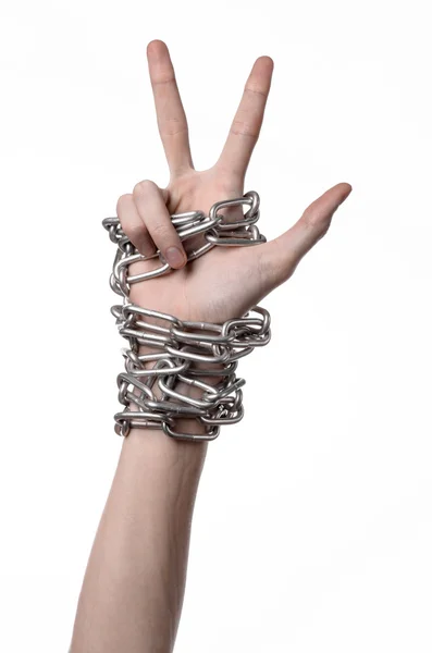 Social theme: hands tied a metal chain on a white background — Stock Photo, Image