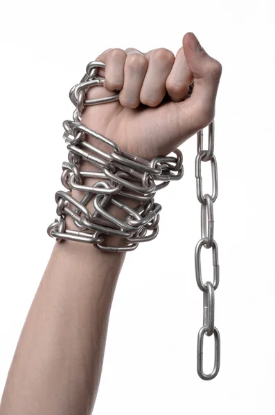 Social theme: hands tied a metal chain on a white background — Stock Photo, Image