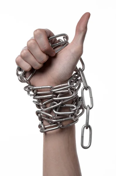 Social theme: hands tied a metal chain on a white background — Stock Photo, Image